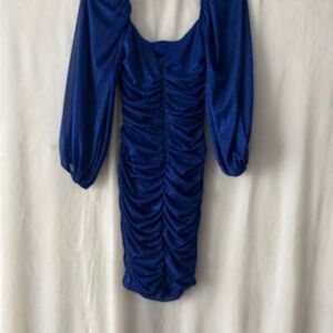 Blue Ruched Long Sleeve Dress
